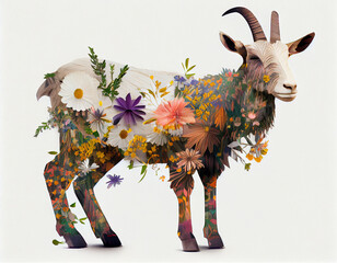 Beautiful Floral Paper Illustration Design of Goat on White Background. Generative ai