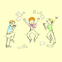 Naklejka premium Office employees rejoice at the end of the working day or some kind of victory