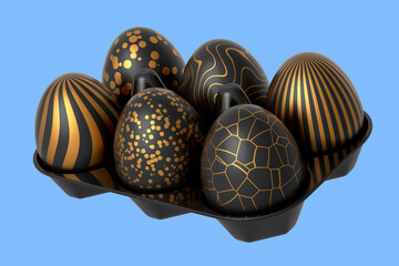 Fototapeta na wymiar Golden and black Easter eggs in basket or tray and chocolate eggs