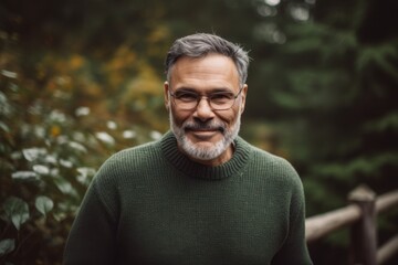 Portrait of a senior man in a green sweater and glasses.