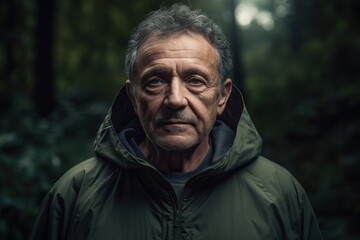 Obraz premium Portrait of an elderly man in a raincoat in the forest