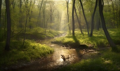 Obraz premium a stream running through a forest filled with green grass and trees. generative ai