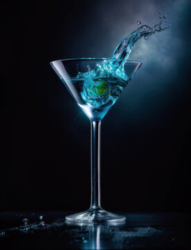 Cocktail Glass with Blue Spirit Drink Splashing. Generative ai. Minimalist style with copy space to the right