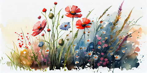 Wide Watercolor Inspired Illustration Image of Wild Field Flowers. Generative ai