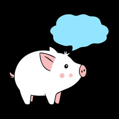 Illustration of a cute pig with speech bubble on a black background. Vector illustration