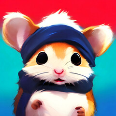 Young hamster in a scarf with a bandage on his head, image illustration
