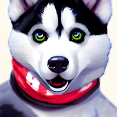 Young husky wearing a scarf, close-up, close-up animal illustration