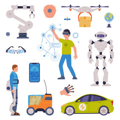 Future Technology Device with Robotic Arm, Man in Augmented Reality Glasses, 5G Wireless Network, Chip in Brain and Electric Car Vector Set