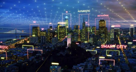 Aerial View of San Francisco Smart Futuristic City, Automation Management Smart Digital Technology VPN Cyber Security Power Energy Sustainable City Virtual Augmented Reality. Metaverse, IOT. - Powered by Adobe
