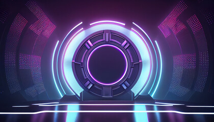 Purple empty scene with blue line neon lamps on background and pink digital podium. AI generated