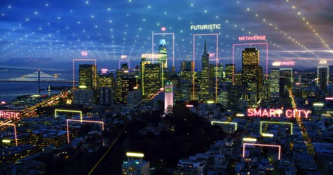 Aerial View of San Francisco Smart Futuristic City, Automation Management Smart Digital Technology VPN Cyber Security Power Energy Sustainable City Virtual Augmented Reality. Metaverse, IOT.