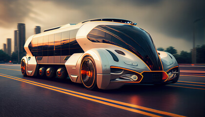 Obraz na płótnie Canvas 3d model of futuristic electric truck on highway. Future city background. Electric automobile. AI generated