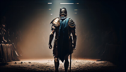 Naklejka premium Gladiator enters the arena warrior in armor realistic. AI generated