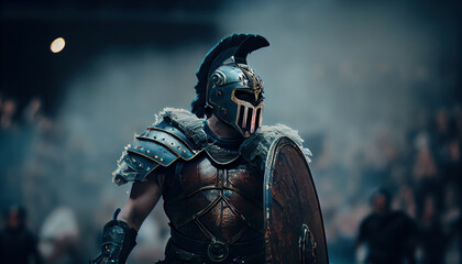 Naklejka premium Gladiator enters the arena warrior in armor realistic. AI generated