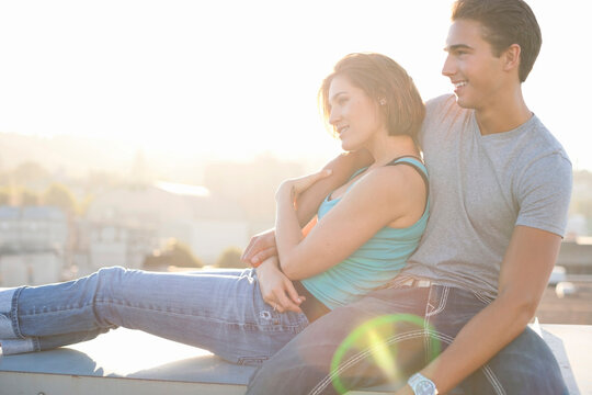 Portrait of Couple Outdoors on Rooftop, Portland, Oregon, USA