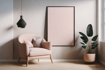 Bright room with armchair, flower, lamp, window and poster in frame with mock up. Generative AI.