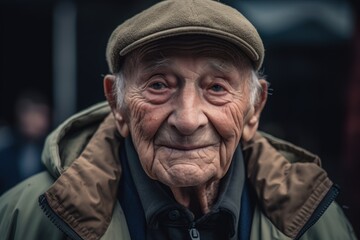 Portrait of an elderly man in a cap on the street.