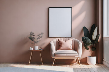 Pastel pink interior with armchair and table, wooden floor and flower pot. Empty poster in frame with mock up. Generative AI.