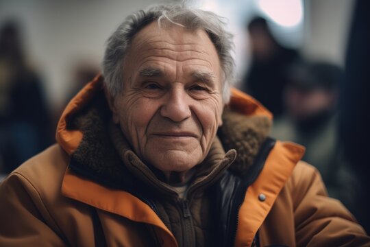 Portrait of an elderly man in a yellow jacket in the city