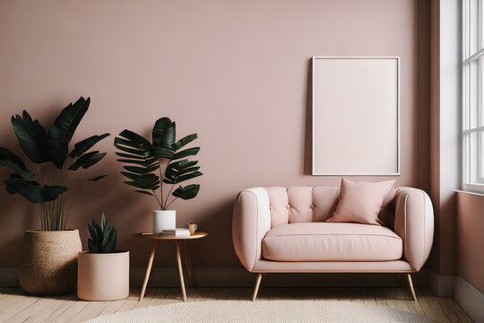 Pastel pink sofa with cushions.Wooden table and flower pods. Empty poster in frame with copy space on pink wall. Generative AI.