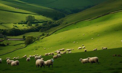 Fototapeta premium a herd of sheep grazing on a lush green hillside side. generative ai