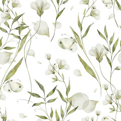 Floral seamless watercolor pattern - a composition of green leaves, branches and flowers on a white background. Perfect for wrappers, wallpapers, postcards, greeting cards, wedding invitations.