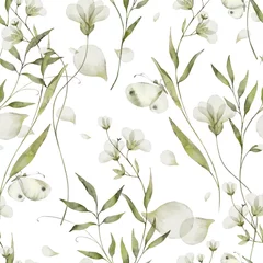 Papier peint Aquarelle ensemble 1 Floral seamless watercolor pattern - a composition of green leaves, branches and flowers on a white background. Perfect for wrappers, wallpapers, postcards, greeting cards, wedding invitations.