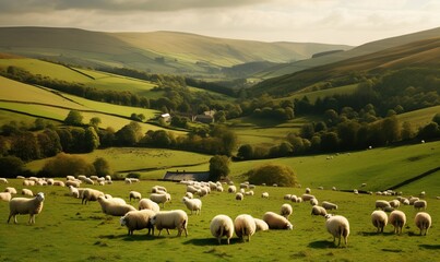 Obraz premium a herd of sheep grazing on a lush green hillside side. generative ai