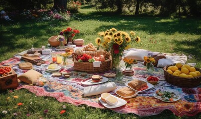  a picnic with a blanket and a table full of food.  generative ai