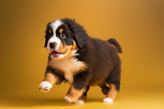 Capturing the Spirited Energy of a Playful Berner Sennenhund Puppy in Motion: Studio Photography on a Vibrant Yellow Background. Generative AI