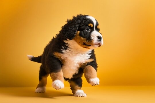 Capturing the Spirited Energy of a Playful Berner Sennenhund Puppy in Motion: Studio Photography on a Vibrant Yellow Background. Generative AI