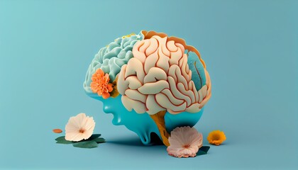 Human brain with blooming flowers, mental health concept, positive thinking, creative mind. Generative AI illustration