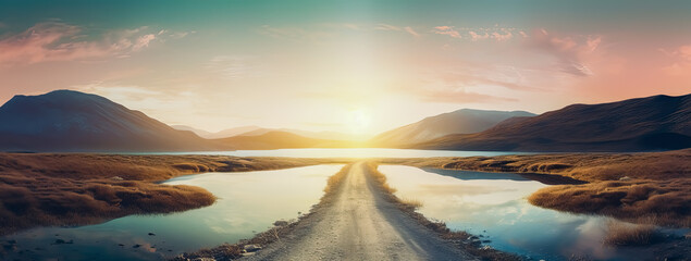 The empty road leading to the lake by sunset, adventure-themed, landscape vistas.  