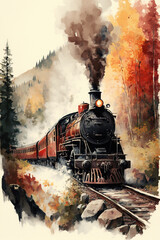 Train with scenic background of fall colors watercolor, Generative AI