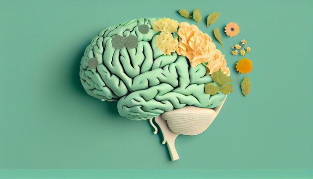 Human brain with blooming flowers, mental health concept, positive thinking, creative mind. Generative AI illustration