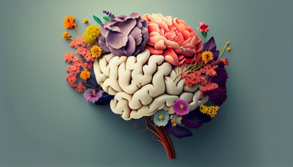 Human brain with blooming flowers, mental health concept, positive thinking, creative mind. Generative AI illustration - Powered by Adobe