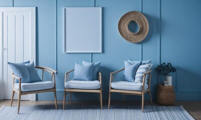 A Vintage Bedroom Design with Mid-Century Accents , photo frame in the blue wall ,beautiful interior design 