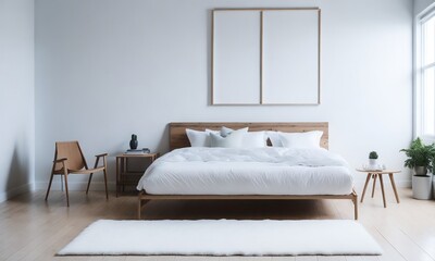 A Modern Bedroom Design with Mid-Century Accents ,blank photo frame in the white wall ,beautiful interior design 