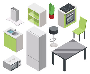 Kitchen furniture set. Isometric home decoration elements