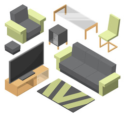 Living room isometric elements. Home furniture set
