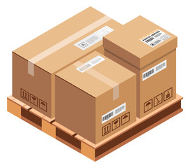 Pallet with delivery packages. Isometric cargo warehouse boxes