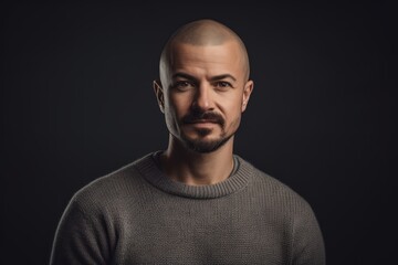 Naklejka premium Portrait of a handsome bald man in a sweater on a dark background