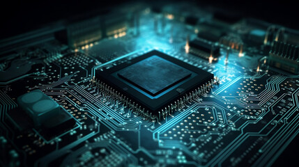 Fototapeta premium IT. Information technology concept. Motherboard integrated circuit and tech icons illustrtion. Futuristic bakground, Generative Ai