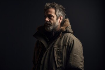 Fototapeta premium Portrait of a bearded man in a winter jacket on a dark background
