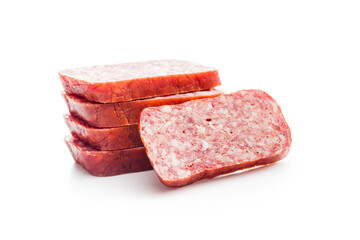 Smoked .sausage. Sliced salami isolatd on white background.