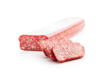 Smoked .sausage. Sliced salami isolatd on white background.