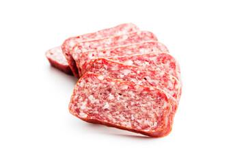 Smoked .sausage. Sliced salami isolatd on white background.