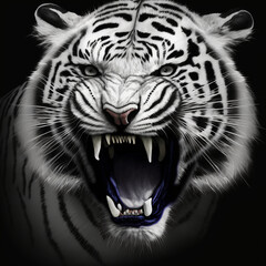 a painting of a white tiger roaring on a black background