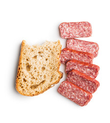 Smoked sausage. Sliced salami and bread isolatd on white background.