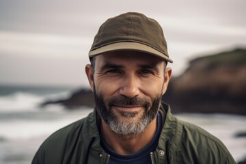 Portrait of smiling man wearing cap and looking at camera on the beach